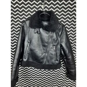 Zara Womens Black Faux Leather Faux Shearling Aviator Biker Moto Jacket Size M